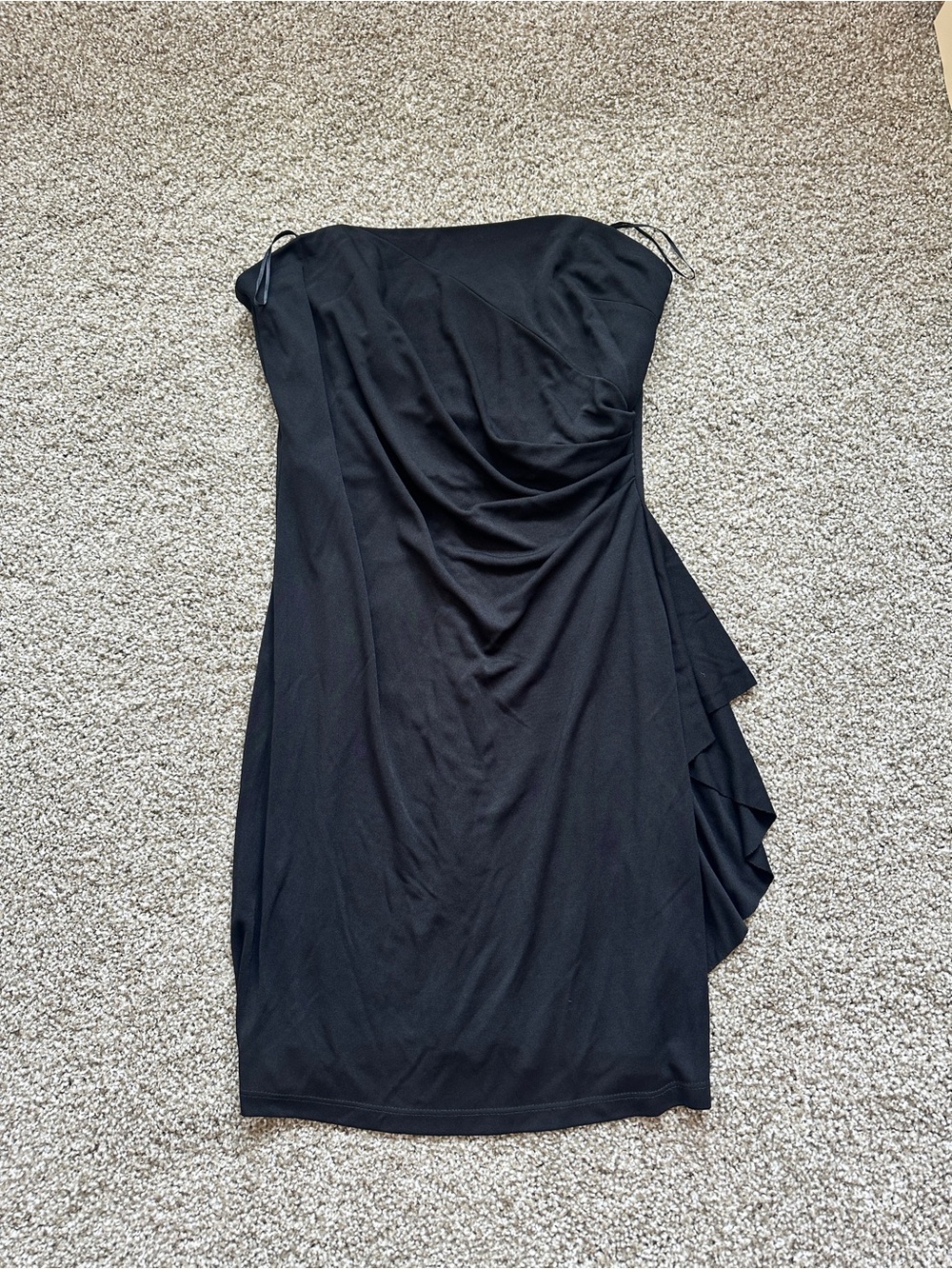 Cache Vintage Strapless Black Draped Mini Dress with assymetrical ruffle